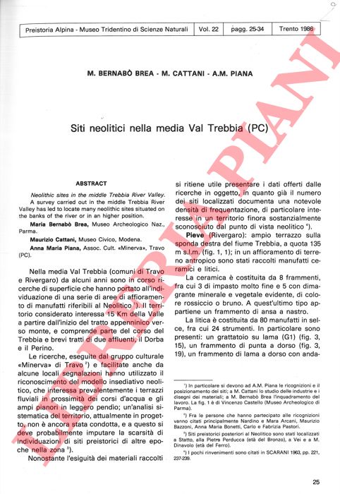 BERNABO' BREA M. - CATTANI M. - PIANA A. M. - - Siti neolitici nella media Val Trebbia (PC) .
