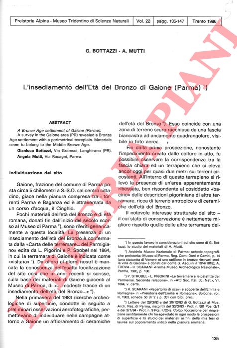 BOTTAZZI G. - MUTTI A. - - L'insediamento dell'et del Bronzo di Gaione (Parma) .