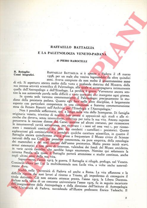 BAROCELLI Piero - - Raffaello Battaglia e la Paletnologia veneto-padana.