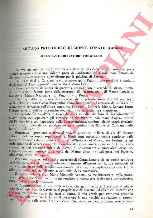 RITTATORE VONWILLER Ferrante - - L'abitato preistorico di Monte Lonato (Cavriana) .