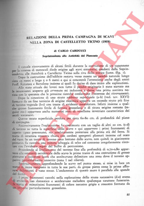 CARDUCCI Carlo - - Relazione della prima campagna di scavi nella zona di Castelletto Ticino (1959) .