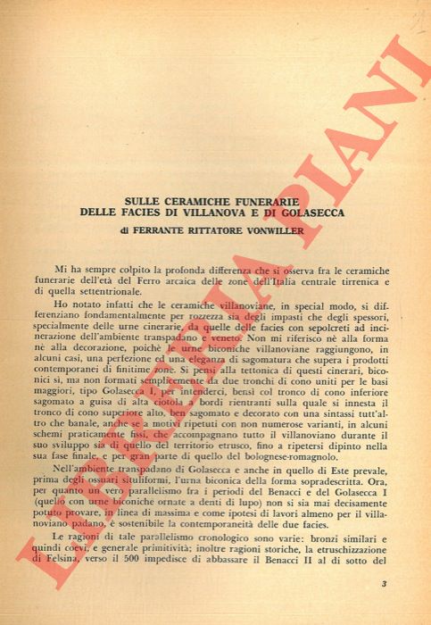 RITTATORE VONWILLER Ferrante - - Sulle ceramiche funerarie delle facies di Villanova e di Golasecca.