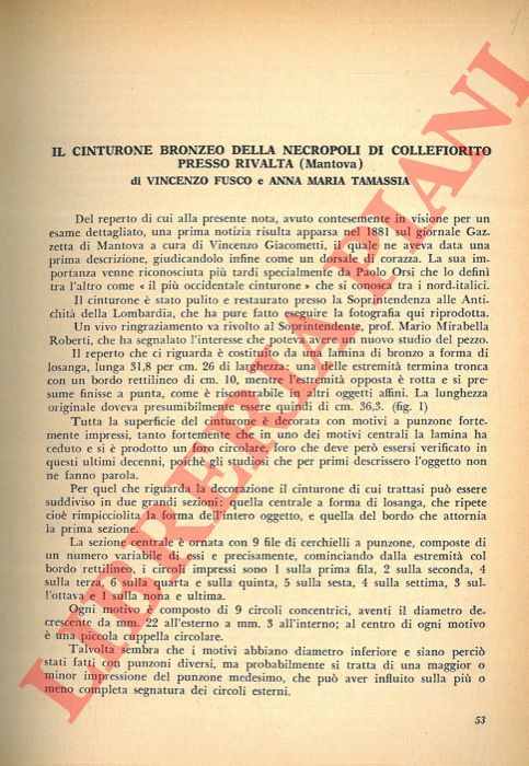 FUSCO Vincenzo - TAMASSIA Anna Maria - - Il cinturone bronzeo della necropoli di Collefiorito presso Rivalta (Mantova) .