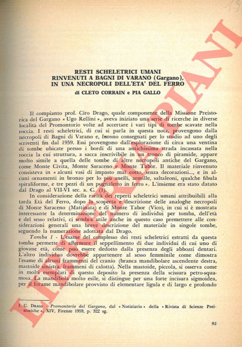 CORRAIN Cleto - GALLO Pia - - Resti scheletrici umani rinvenuti a Bagni di Varano (Gargano) in una necropoli dell'et del Ferro.