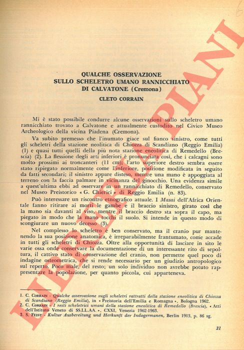 CORRAIN Cleto - - Qualche osservazione sullo scheletro umano rannicchiato di Calvatone (Cremona) .