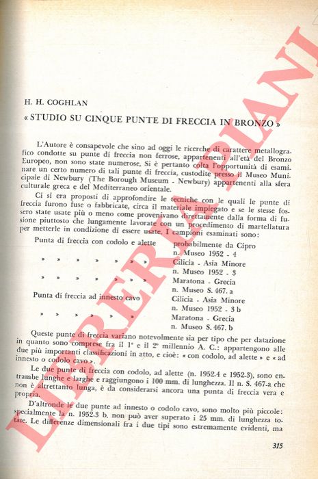 COGHLAN H. H. - - Studio su cinque punte di freccia in bronzo.