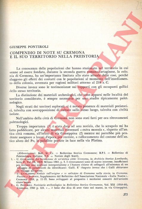 PONTIROLI Giuseppe - - Compendio di note su Cremona e il suo territorio nella preistoria.
