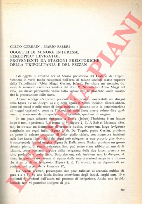 CORRAIN Cleto - FABBRI Mario - - Oggetti di minore interesse, per lo pi levigatoi, provenienti da stazioni preistoriche della Tripolitania e del Fezzan.