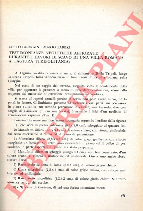 CORRAIN Cleto - FABBRI Mario - - Testimonianze neolitiche affiorate durante i lavori di scavo di una villa romana a Tagiura (Tripolitania) .