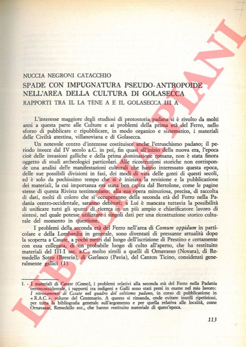 NEGRONI CATACCHIO Nuccia - - Spade con impugnatura pseudo-antropoide nell'area della cultura di Golasecca. Rapporti tra il La Tne A e il Golasecca III A.