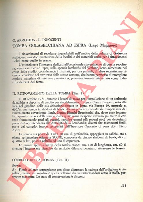 ARMOCIDA G. - INNOCENTI L. - - Tomba golasecchiana ad Ispra (Lago Maggiore) .