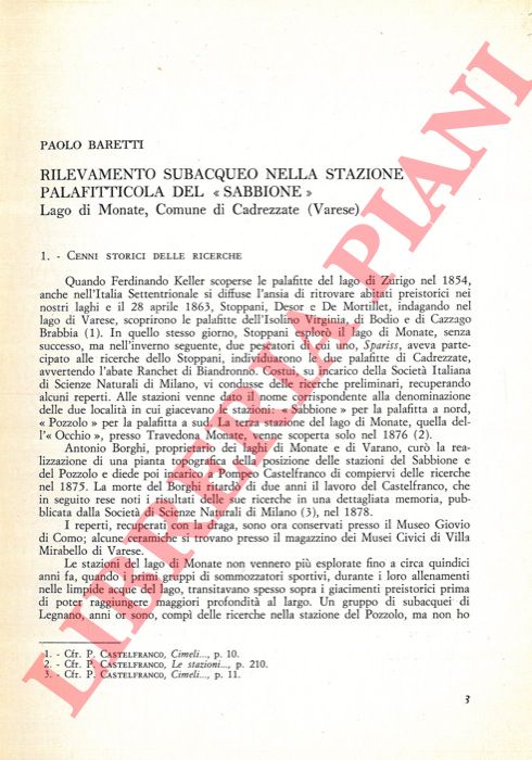 BARETTI Paolo - - Rilevamento subacqueo nella stazione palafitticola del 'Sabbione' . Lago di Monate, Comune di Cadrezzate (Varese) .