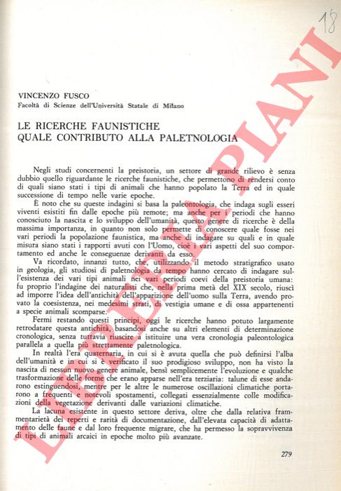 FUSCO Vincenzo - - Le ricerche faunistiche quale contributo alla paletnologia.