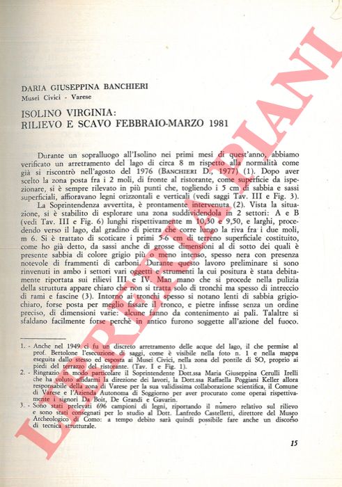 BANCHIERI Daria Giuseppina - - Isolino Virginia: rilievo e scavo febbraio-marzo 1981.