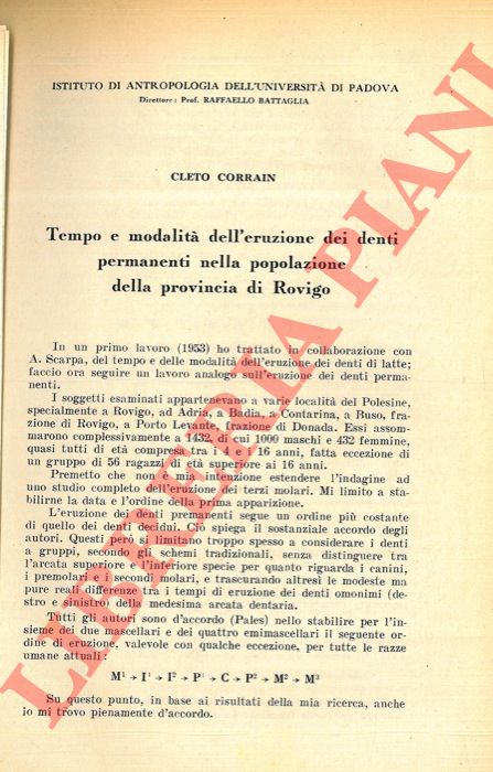 CORRAIN Cleto - - Tempo e modalit dell'eruzione dei denti permanenti nella popolazione della provincia di Rovigo.