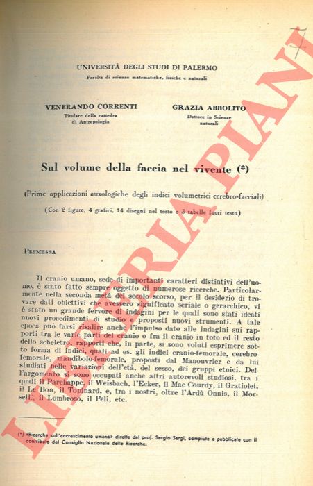 CORRENTI Venerando - ABBOLITO Grazia - - Sul volume della faccia nel vivente (prime applicazioni auxologiche degli indici volumetrici cerebro-facciali) .