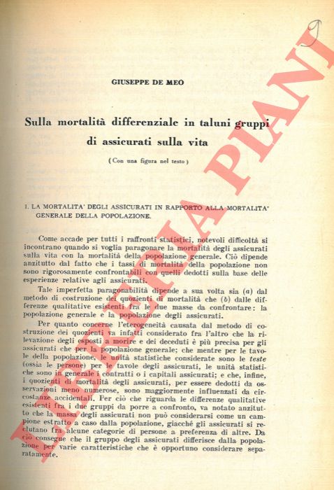 DE MEO Giuseppe - - Sulla mortalit differenziale in taluni gruppi di assicurati sulla vita.