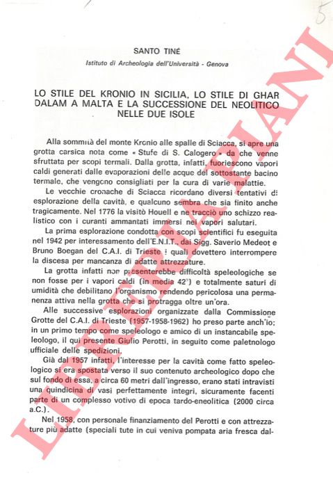 TINE' Santo - - Lo stile del Kronio in Sicilia, lo stile di Ghar Dalam a Malta e la successione del Neolitico nelle due isole.