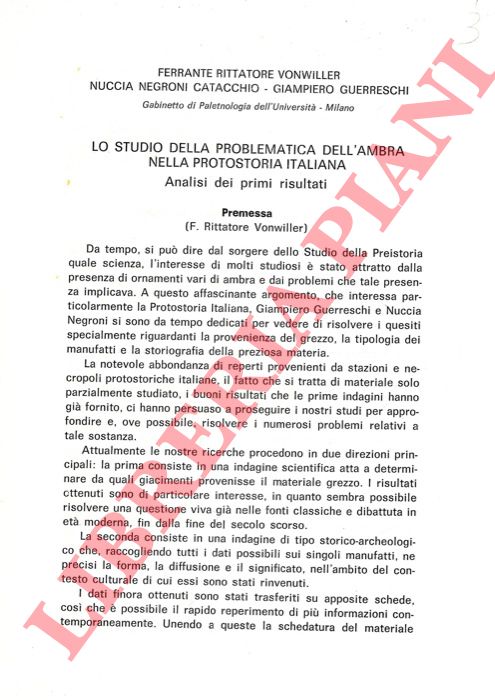 RITTATORE VONWILLER Ferrante - NEGRONI CATACCHIO Nuccia - GUERRESCHI Giampiero - - Lo studio della problematica dell'ambra nella protostoria italiana. Analisi dei primi risultati.