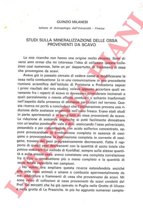 MILANESI Quinzio - - Studi sulla mineralizzazione delle ossa provenienti da scavo.