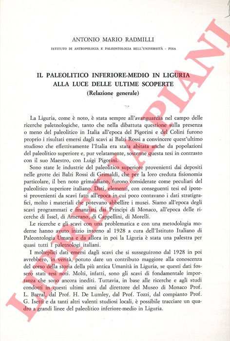 RADMILLI A. M. - - Il Paleolitico inferiore-medio in Liguria alla luce delle ultime scoperte.