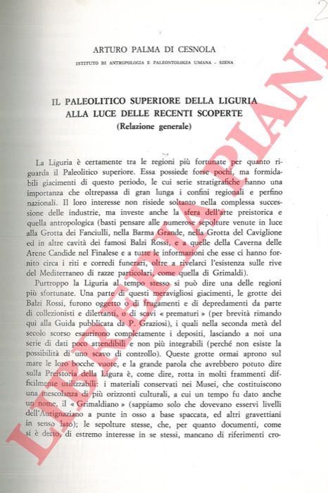 PALMA DI CESNOLA Arturo - - Il Paleolitico superiore della Liguria alla luce delle recenti scoperte.
