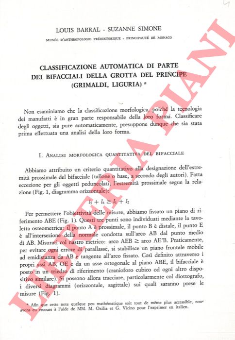 BARRAL Louis - SIMONE Suzanne - - Classificazione automatica di parte dei bifacciali della Grotta del Principe (Grimaldi, Liguria) .
