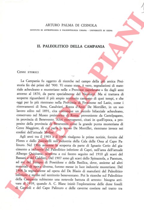 PALMA DI CESNOLA Arturo - - Il Paleolitico della Campania.