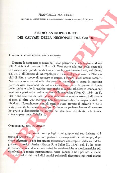 MALLEGNI Francesco - - Studio antropologico dei calvari della necropoli del Gaudo.