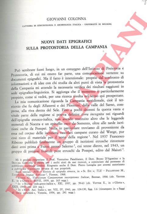 COLONNA Giovanni - - Nuovi dati epigrafici sulla protostoria della Campania.