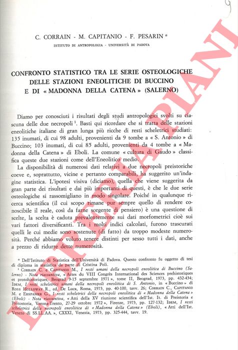 CORRAIN C. - CAPITANIO M. - PESARIN F. - - Confronto statistico tra le serie osteologiche delle stazioni eneolitiche di Buccino e di 'Madonna della Catena' (Salerno) .
