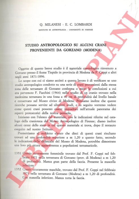 MILANESI Q. - LOMBARDI E. C. - - Studio antropologico su alcuni crani provenienti da Gorzano (Modena) .