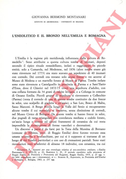 BERMOND MONTANARI Giovanna - - L'Eneolitico e il Bronzo nell'Emilia e Romagna.