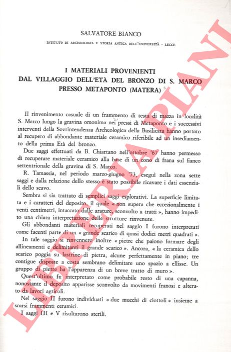 BIANCO Salvatore - - I materiali provenienti dal villaggio dell'Et del Bronzo di S. Marco presso Metaponto (Matera) .