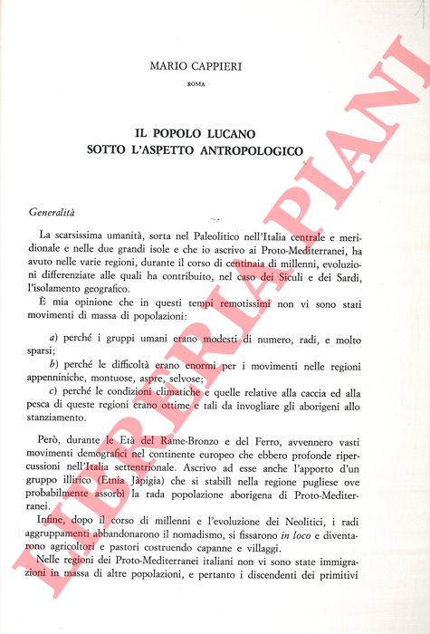 CAPPIERI Mario - - Il popolo lucano sotto l'aspetto antropologico.