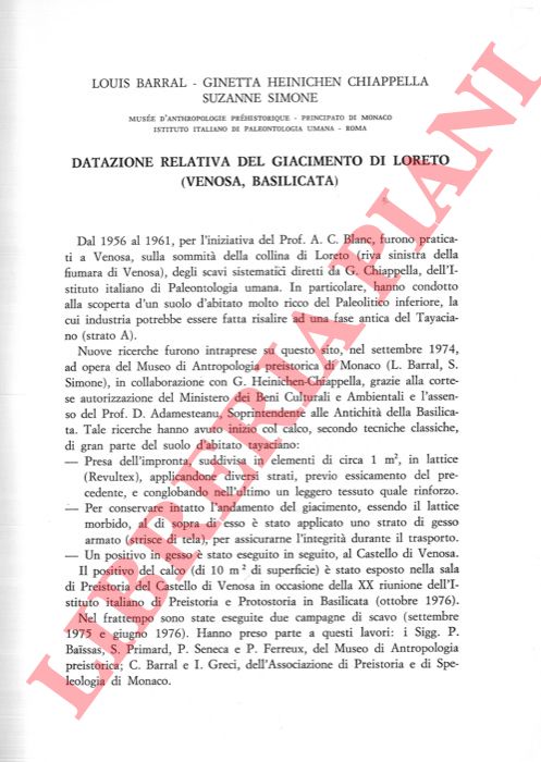 BARRAL Louis - HEINICHEN CHIAPPELLA Ginetta - SIMONE Suzanne - - Datazione relativa del giacimento di Loreto (Venosa, Basilicata) .