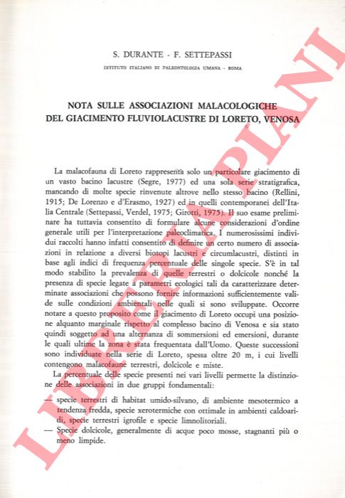 DURANTE S. - SETTEPASSI F. - - Nota sulle associazioni malacologiche del giacimento fluviolacustre di Loreto, Venosa.