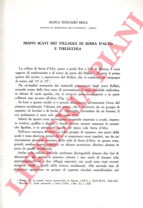 BERNABO' BREA Maria - - Nuovi scavi nei villaggi di Serra d'Alto e Tirlecchia.