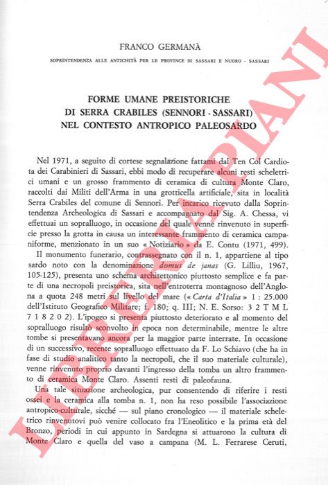GERMANA' Franco - - Forme umane preistoriche di Serra Crabiles (Sennori - Sassari) nel contesto antropico paleosardo.