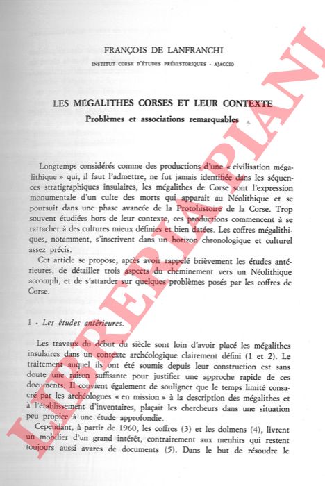 DE LANFRANCHI Franois - - Les mgalithes corses et leur contexte (problmes et associations remarquables) .