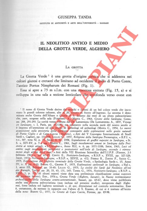 TANDA Giuseppe - - Il Neolitico antico e medio della Grotta Verde, Alghero.