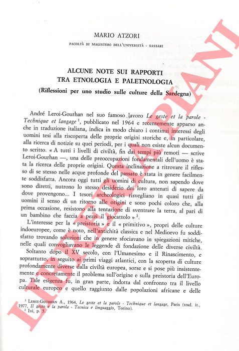 ATZORI Mario - - Alcune note sui rapporti tra Etnologia e Paletnologia (riflessioni per uno studio sulle culture della Sardegna) .