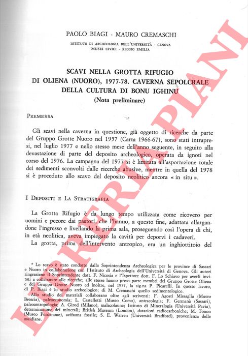 BIAGI Paolo - CREMASCHI Mauro - - Scavi nella Grotta Rifugio di Oliena (Nuoro), 1977-78. Caverna sepolcrale della cultura di Bonu Ighinu (nota preliminare) .
