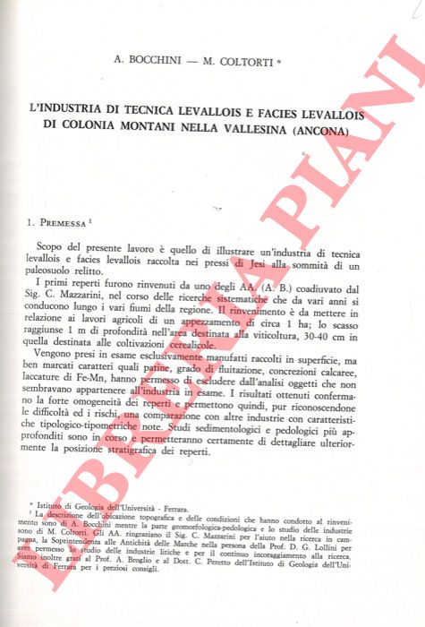 BOCCHINI A. - COLTORTI M. - - L'industria di tecnica Levallois e facies Levallois di Colonia Montani nella Vallesina (Ancona) .