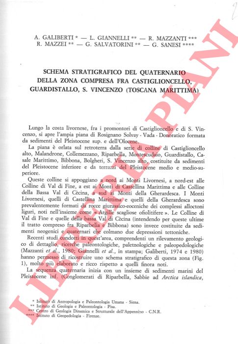 GALIBERTI A. - GIANNELLI L. - MAZZANTI R. - MAZZEI R. - SALVATORINI G. - SANESI G. - - Schema stratigrafico  del Quaternario della zona compresa fra Castiglioncello, Guardistallo, S. Vincenzo (Toscana marittima) .