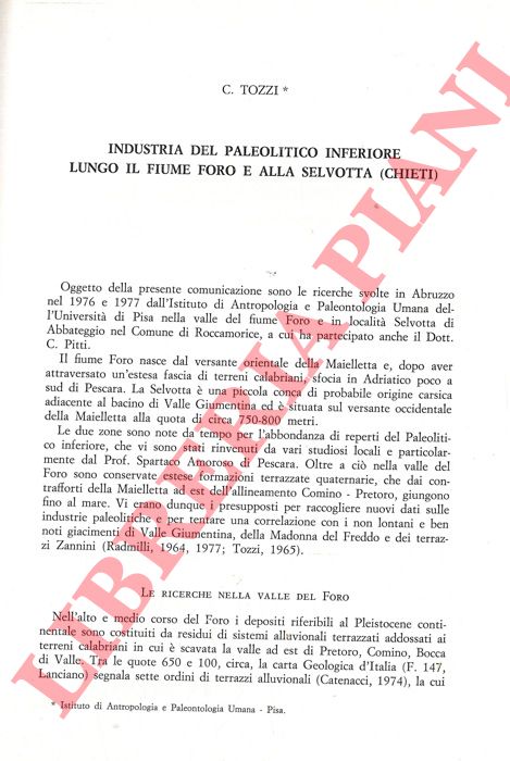 TOZZI C. - - Industria del Paleolitico inferiore lungo il fiume Foro e alla Selvotta (Chieti) .