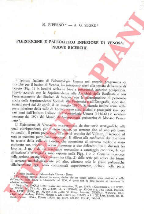 PIPERNO M. - SEGRE A. G. - - Pleistocene e Paleolitico inferiore di Venosa: nuove ricerche.