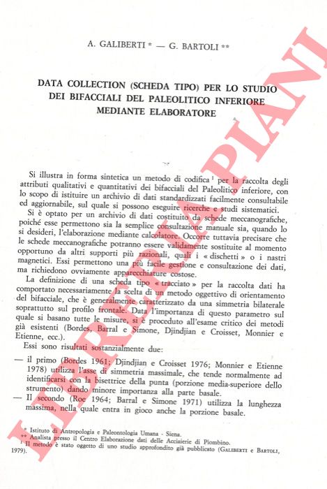 GALIBERTI A. - BARTOLI G. - - Data collection (scheda tipo) per lo studio dei bifacciali del Paleolitico inferiore mediante elaboratore.