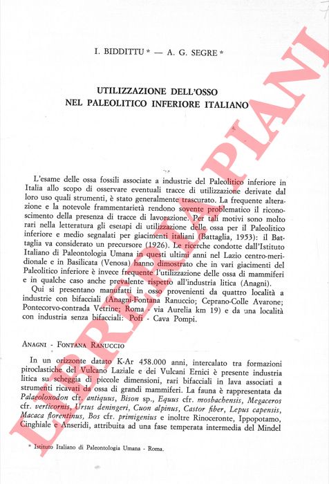 BIDDITTU I. - SEGRE A. G. - - Utilizzazione dell'osso nel Paleolitico inferiore italiano.