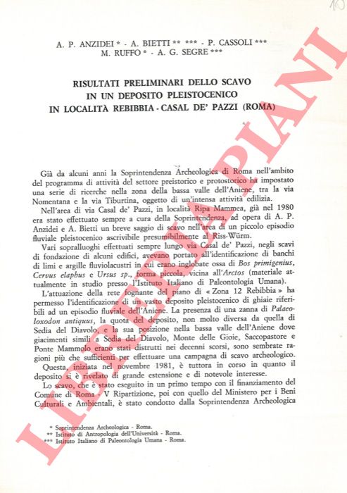 ANZIDEI A. P. - BIETTI A. - CASSOLI P. - RUFFO M. - SEGRE AG. G. - - Risultati preliminari dello scavo in un deposito pleistocenico in localit Rebibbia-Casal de' Pazzi (Roma) .
